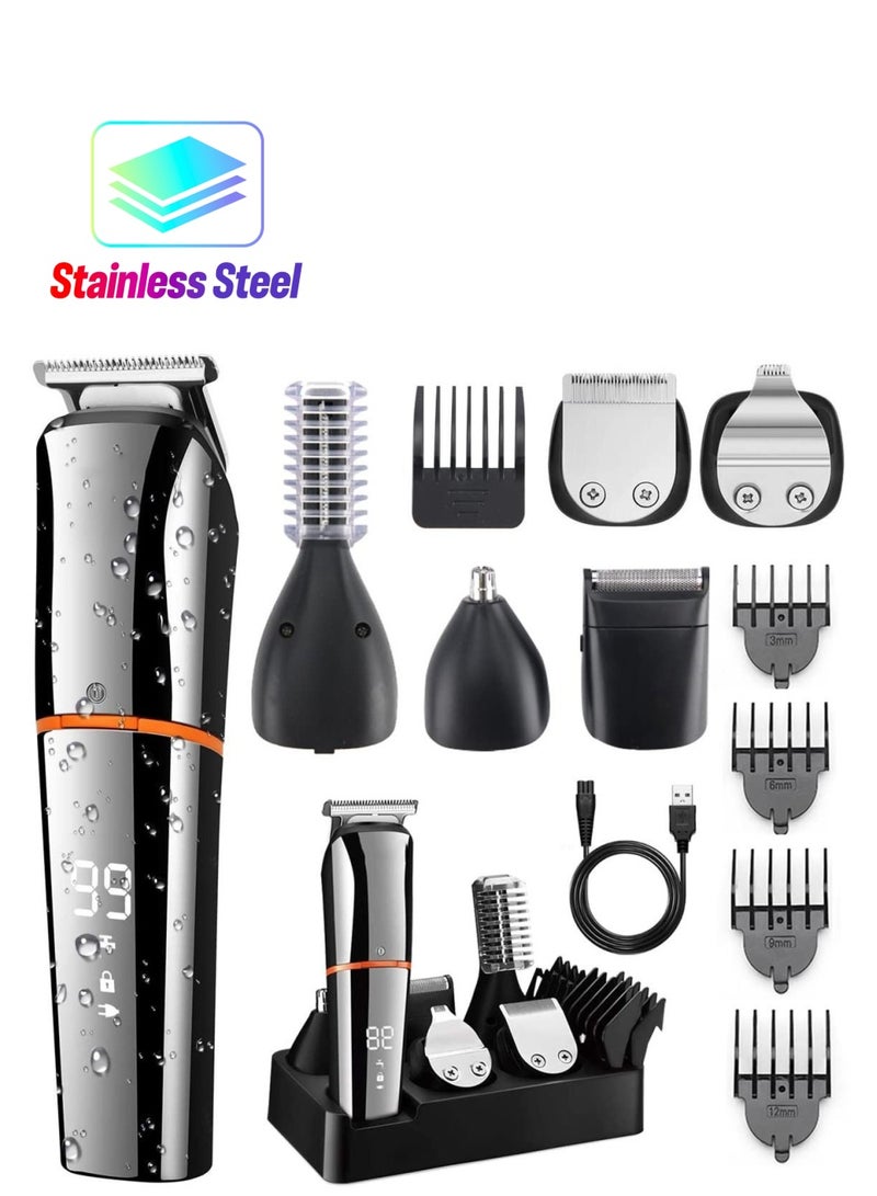 Mens Professional Hair Cutting Kit,Beard Trimmer,6 in 1 Kit Electric Cordless Nose Trimmer Grooming for Beard Head Face and Body Waterproof IPX7 USB Rechargeable LED Power Display - Image 1