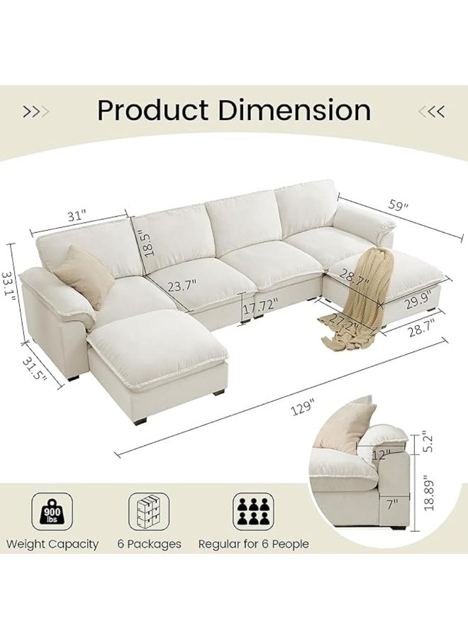 Generic White Modular U-Shaped Sectional Sofa  Deep-Seat Cloud Couch with Chaise and Padded Armrests for Living Room - Image 2