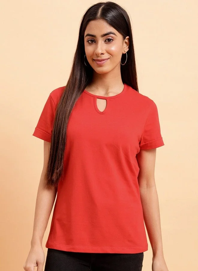 مينت ستريت Keyhole Neck Red Cotton Top for Women