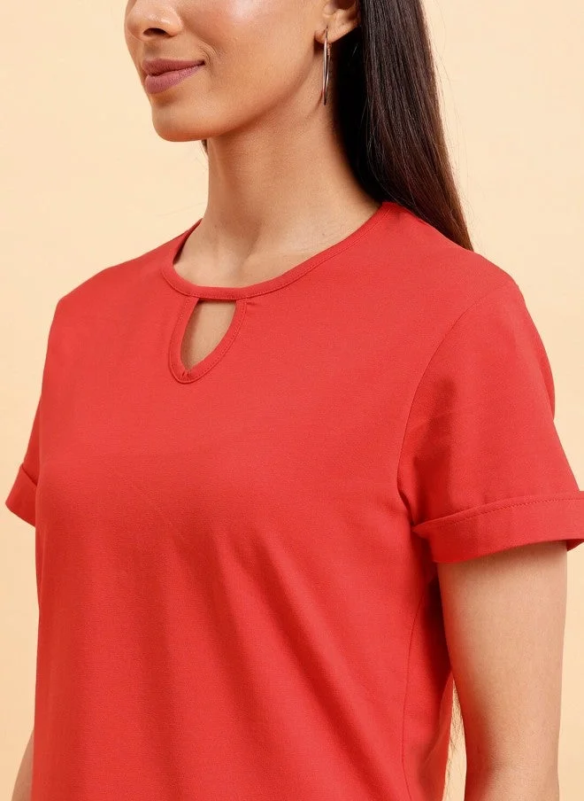 مينت ستريت Keyhole Neck Red Cotton Top for Women