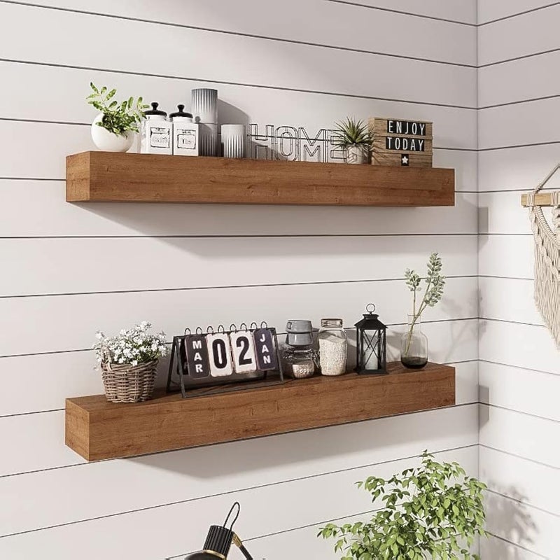 ROOREVO Wall Floating Shelves Rustic Wood Shelf for Wall Mounted Wooden Handmade Shelves for Bathroom Kitchen LivingroomWalnut 36 Inch 2 Pack