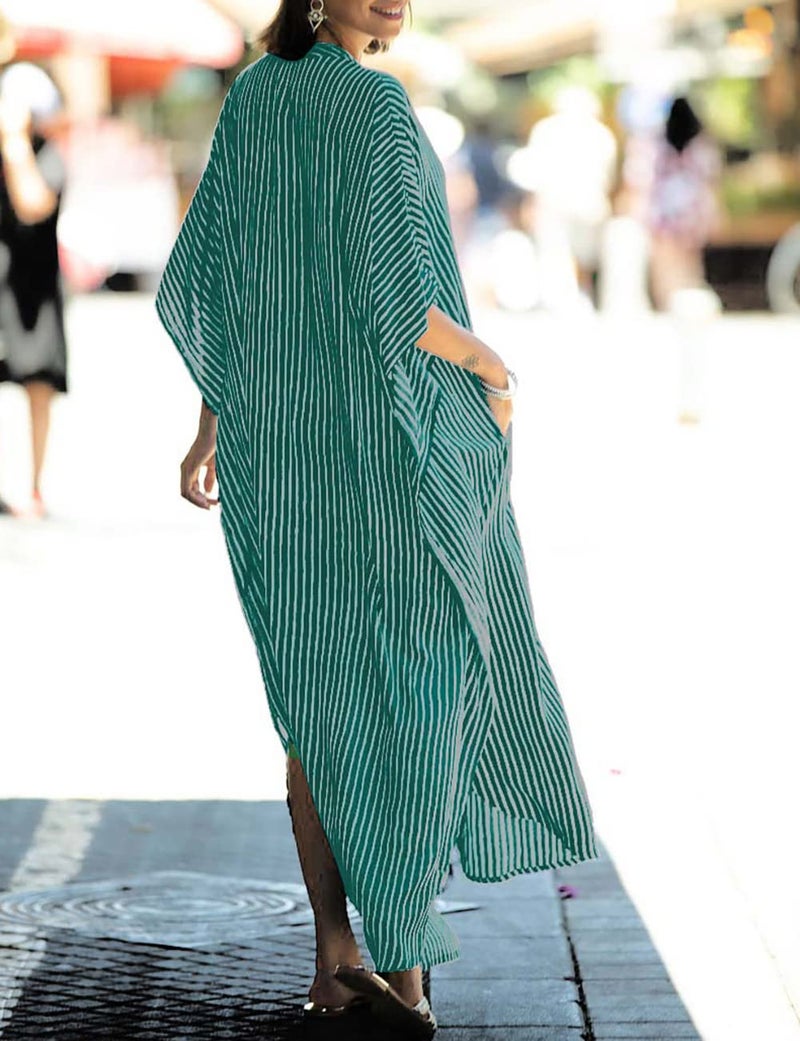 Bsubseach Beach Kaftan Dresses Button Down Long Rayon Caftan Swim Cover Up Muumuu Dress Oversized Coverups with Pockets Green Stripes - Image 4
