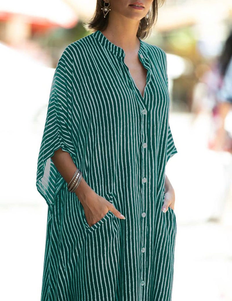 Bsubseach Beach Kaftan Dresses Button Down Long Rayon Caftan Swim Cover Up Muumuu Dress Oversized Coverups with Pockets Green Stripes - Image 5