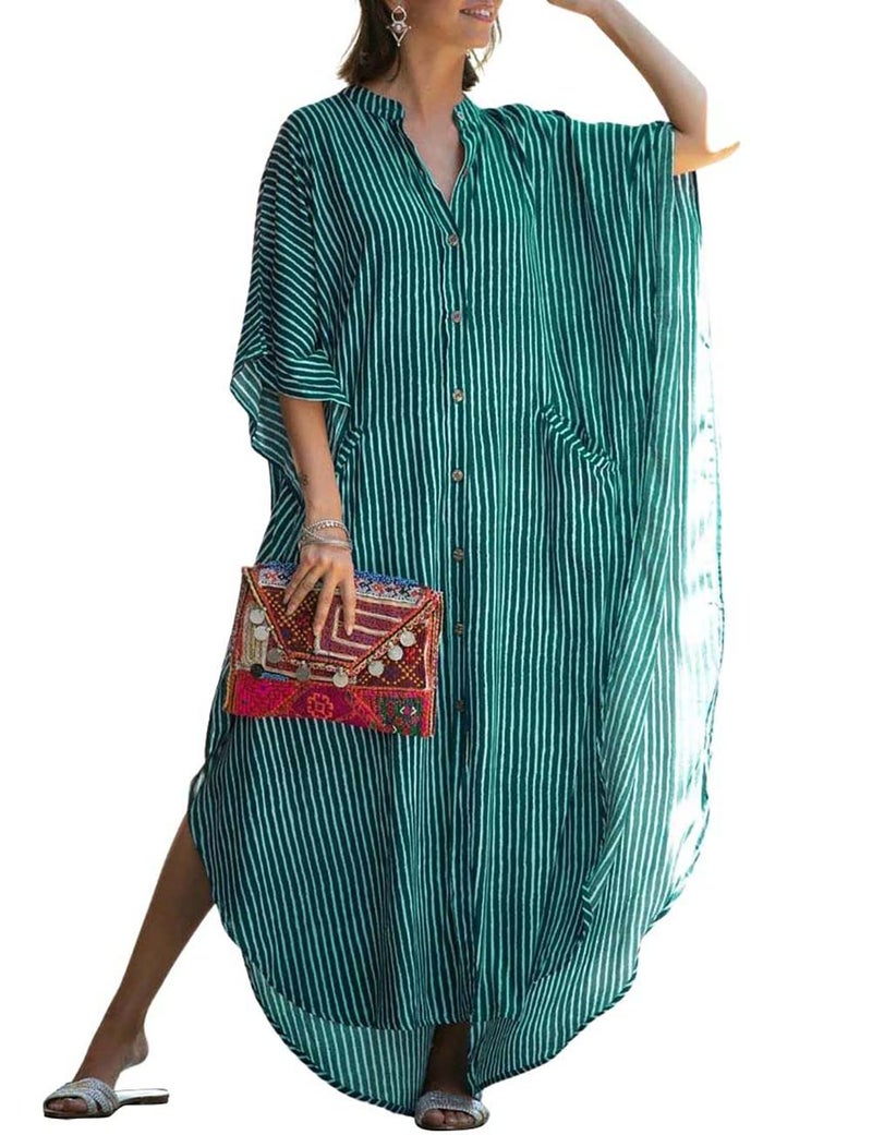 Bsubseach Beach Kaftan Dresses Button Down Long Rayon Caftan Swim Cover Up Muumuu Dress Oversized Coverups with Pockets Green Stripes - Image 1