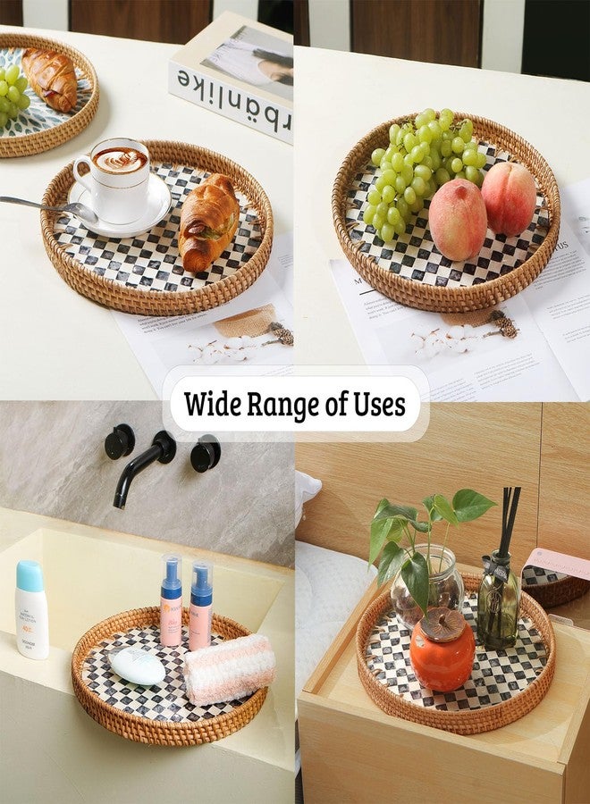 Aayoruro Round Rattan Tray with Mother of Pearl Inlay, Decorative Wicker Serving Tray with Wooden Base, Woven Basket Trays for Bread Fruits Coffee, Checkered - Image 5
