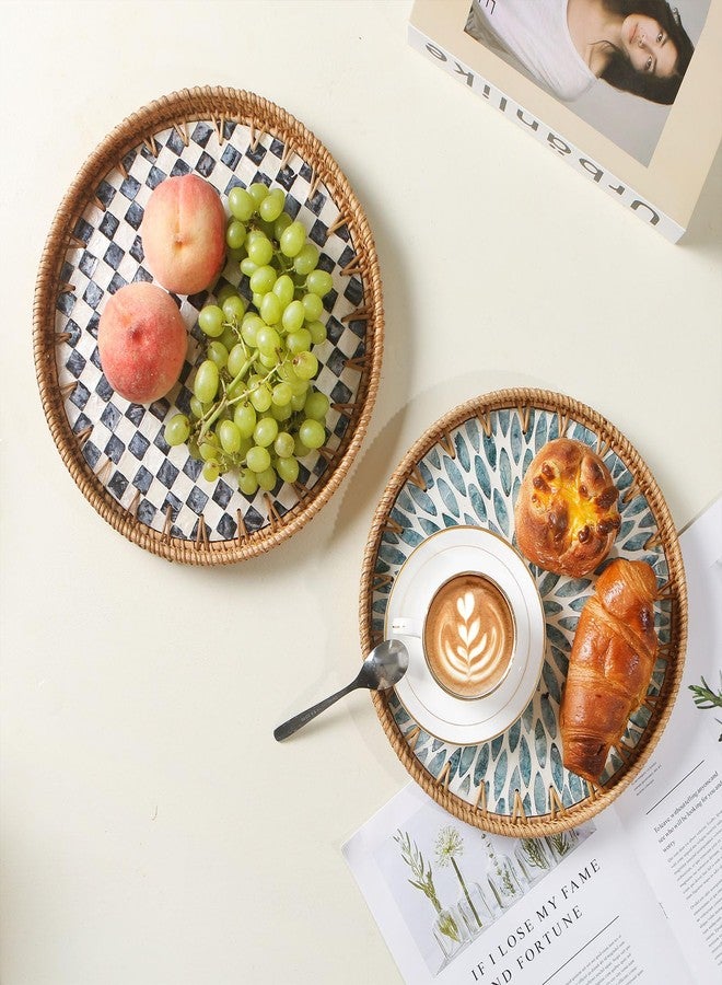 Aayoruro Round Rattan Tray with Mother of Pearl Inlay, Decorative Wicker Serving Tray with Wooden Base, Woven Basket Trays for Bread Fruits Coffee, Checkered - Image 2