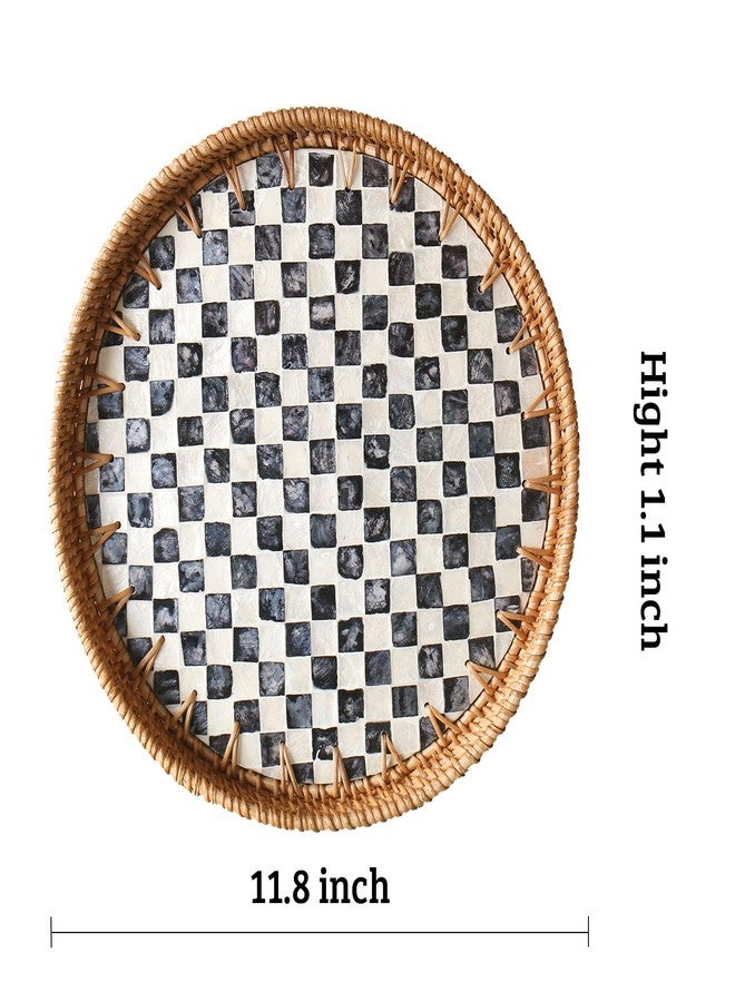 Aayoruro Round Rattan Tray with Mother of Pearl Inlay, Decorative Wicker Serving Tray with Wooden Base, Woven Basket Trays for Bread Fruits Coffee, Checkered - Image 3