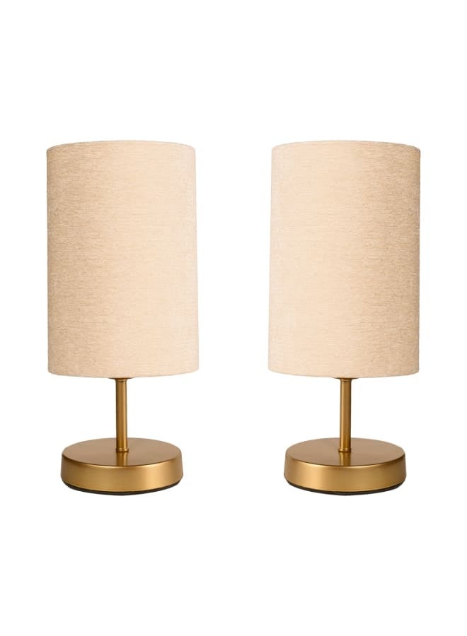 الروضة للإضاءة قطعتان من أباجورات المصابيح المميزة والأنيقة مع غطاء قماش فريد من نوعه ومعدن - اباجورة مودرن لغرف النوم والمعيشة | اللون: دهبى × بيج | المقاس: 35x15x15 سم