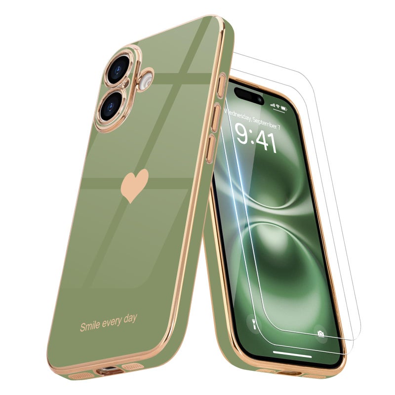 Teageo for iPhone 17 Case with Screen Protector [2 Pack] Girl Women Cute Girly Love-Heart Luxury Gold Soft Cover Camera Protection Silicone Shockproof Phone Case for iPhone 17, Light Green - Image 1