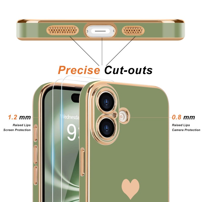 Teageo for iPhone 17 Case with Screen Protector [2 Pack] Girl Women Cute Girly Love-Heart Luxury Gold Soft Cover Camera Protection Silicone Shockproof Phone Case for iPhone 17, Light Green - Image 2