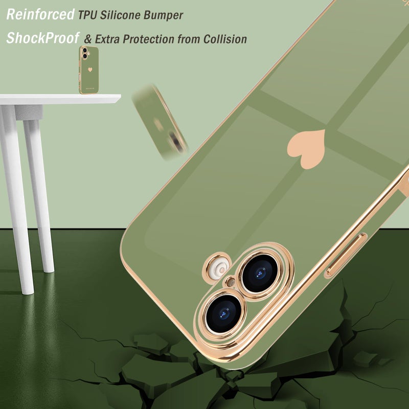 Teageo for iPhone 17 Case with Screen Protector [2 Pack] Girl Women Cute Girly Love-Heart Luxury Gold Soft Cover Camera Protection Silicone Shockproof Phone Case for iPhone 17, Light Green - Image 4