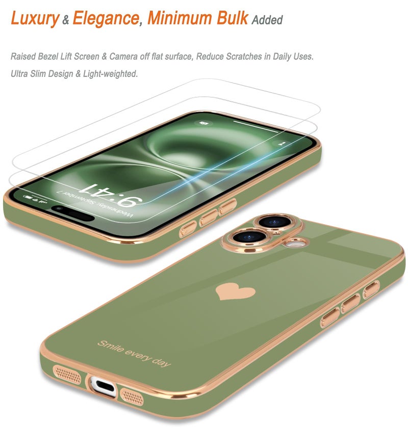 Teageo for iPhone 17 Case with Screen Protector [2 Pack] Girl Women Cute Girly Love-Heart Luxury Gold Soft Cover Camera Protection Silicone Shockproof Phone Case for iPhone 17, Light Green - Image 3