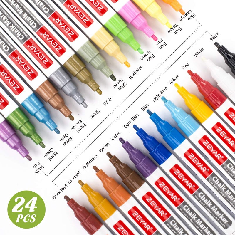 ZEYAR Liquid Chalk Marker-Wet Erase Marker, 24 Colors, 1.2mm Fine Tip for Detailed Drawing, Writes on Nonporous Chalkboards, Bistro Boards, Windows, Plastic and more (24 Colors) - Image 4