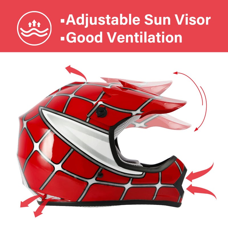 XFMT Kids Dirt Bike Helmet Youth Motorcycle Helmet DOT-Certified Full Face Helmets for Motocross ATV Off-Road Street Bike with Goggles & Gloves, Red Spider Medium - Image 2