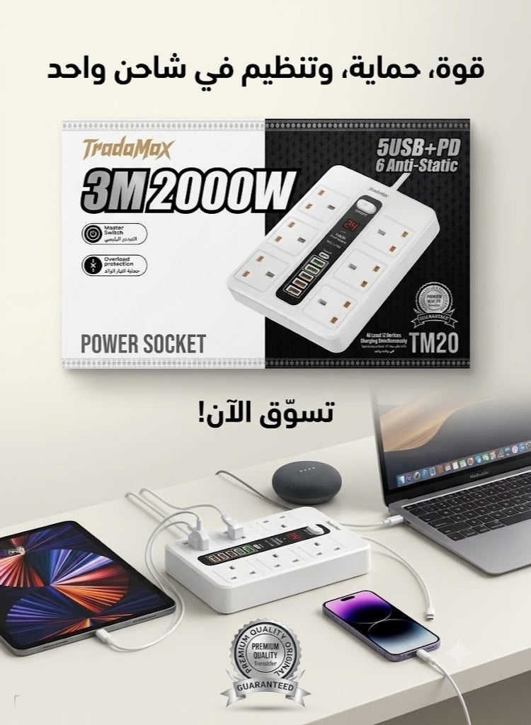 TradaMax TM20 2000W Smart Power Strip | 6 Outlets & 6 USB+PD Ports with Smart Timer & 3m Cable - Image 3