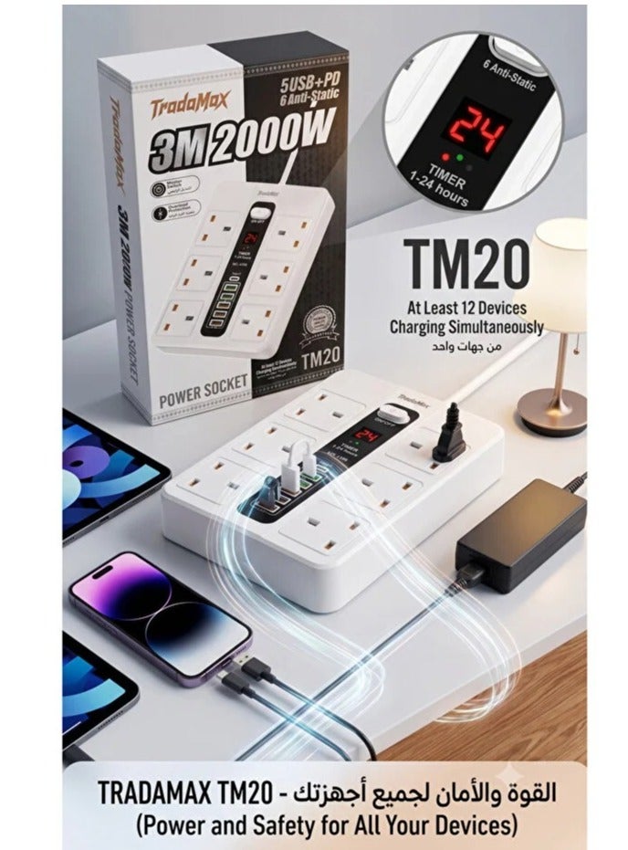 TradaMax TM20 2000W Smart Power Strip | 6 Outlets & 6 USB+PD Ports with Smart Timer & 3m Cable - Image 4