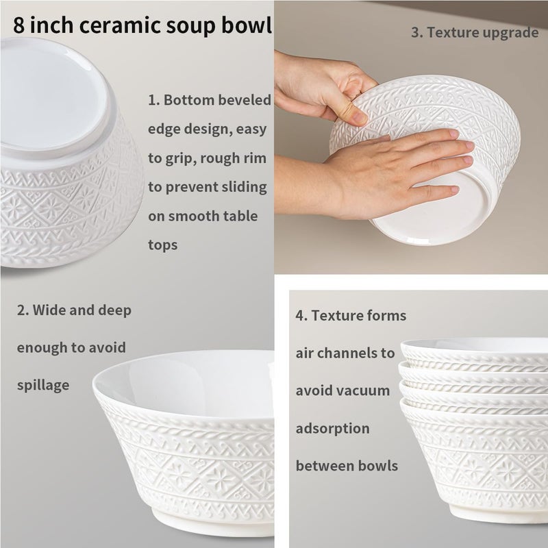 Yeacccng Deep Soup Bowls Set of 4, 58oz Large Cereal Bowls, Large Soup Bowl for Kitchen, 8.2 Inch Embossment Decorative Bowls, Dishwasher & Microwave Safe, Scratch-Resistant, Lead-Free, Easy Clean - Image 3