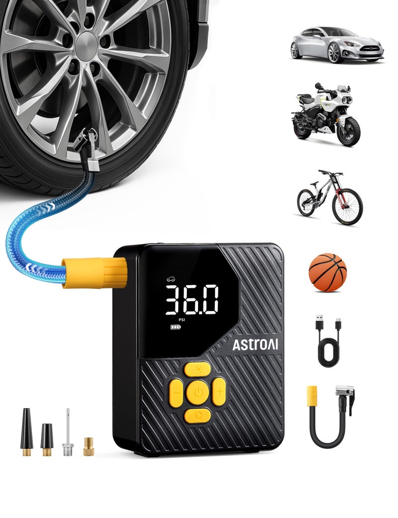 AstroAI 150 PSI Tire Inflator Portable Air Compressor, Cordless Car Tires Air Pump with LED Lights & Pressure Gauge, Auto Shut-Off, L7 Mini Tire Inflator for Cars, Motorcycle, Bicycle, Ball, Yellow - Image 1