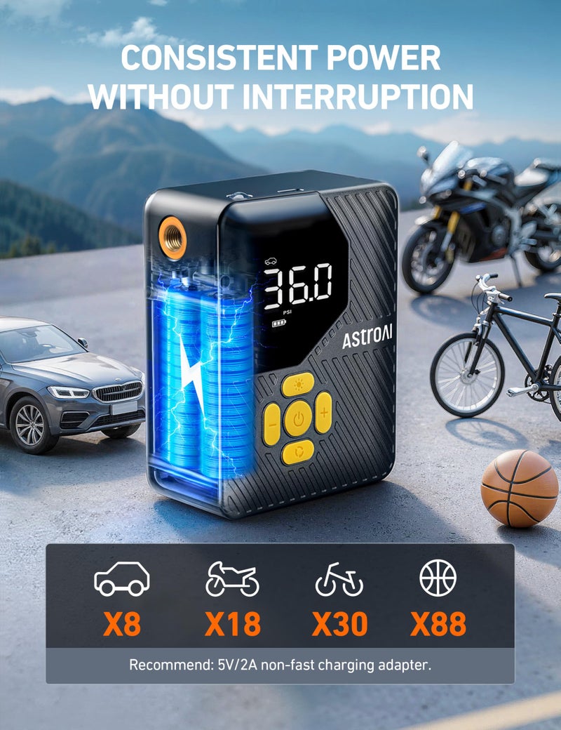 AstroAI 150 PSI Tire Inflator Portable Air Compressor, Cordless Car Tires Air Pump with LED Lights & Pressure Gauge, Auto Shut-Off, L7 Mini Tire Inflator for Cars, Motorcycle, Bicycle, Ball, Yellow - Image 3