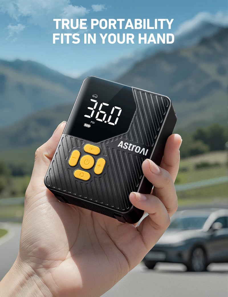 AstroAI 150 PSI Tire Inflator Portable Air Compressor, Cordless Car Tires Air Pump with LED Lights & Pressure Gauge, Auto Shut-Off, L7 Mini Tire Inflator for Cars, Motorcycle, Bicycle, Ball, Yellow - Image 4
