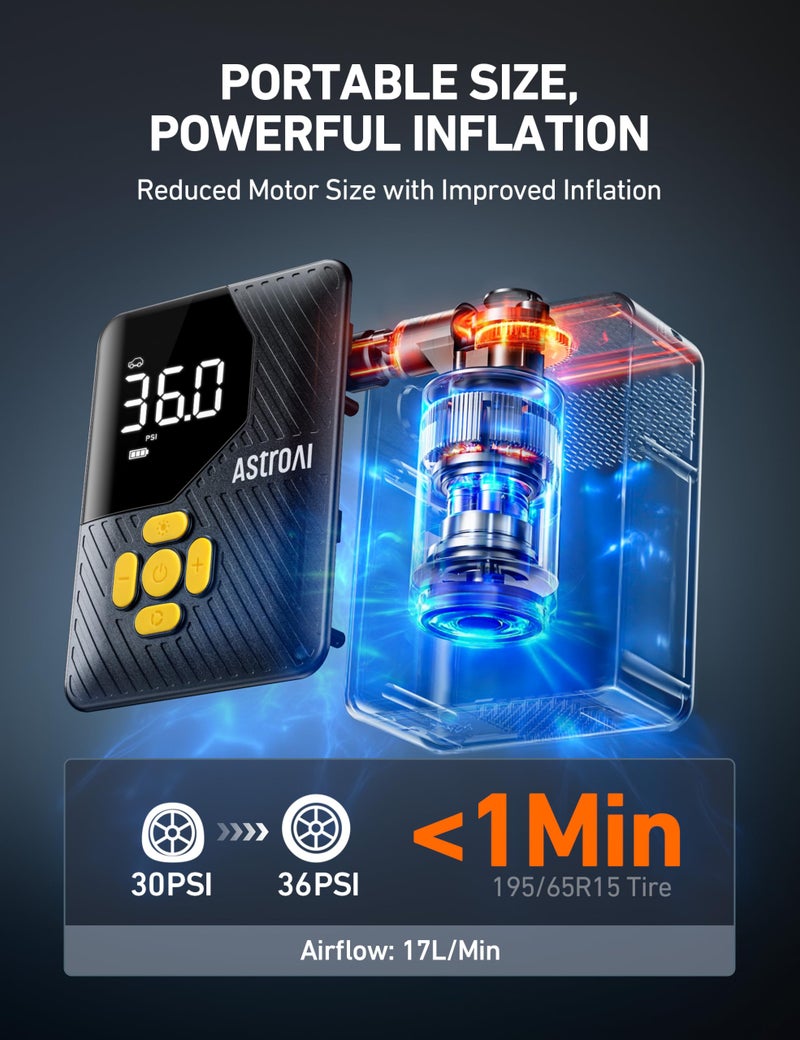 AstroAI 150 PSI Tire Inflator Portable Air Compressor, Cordless Car Tires Air Pump with LED Lights & Pressure Gauge, Auto Shut-Off, L7 Mini Tire Inflator for Cars, Motorcycle, Bicycle, Ball, Yellow - Image 2
