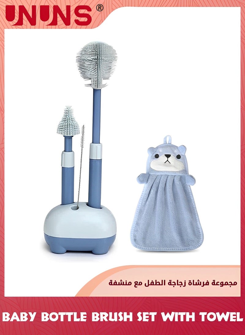 UNUNS Baby Bottle Brush,Bottle-Feeding Cleaning Set- Long Handle Telescopic Brush,Silicone Cleaner Brush,Nipple Straw Cleaner,Towel And Stand,Travel Essentials,Gift For New Moms - Image 1