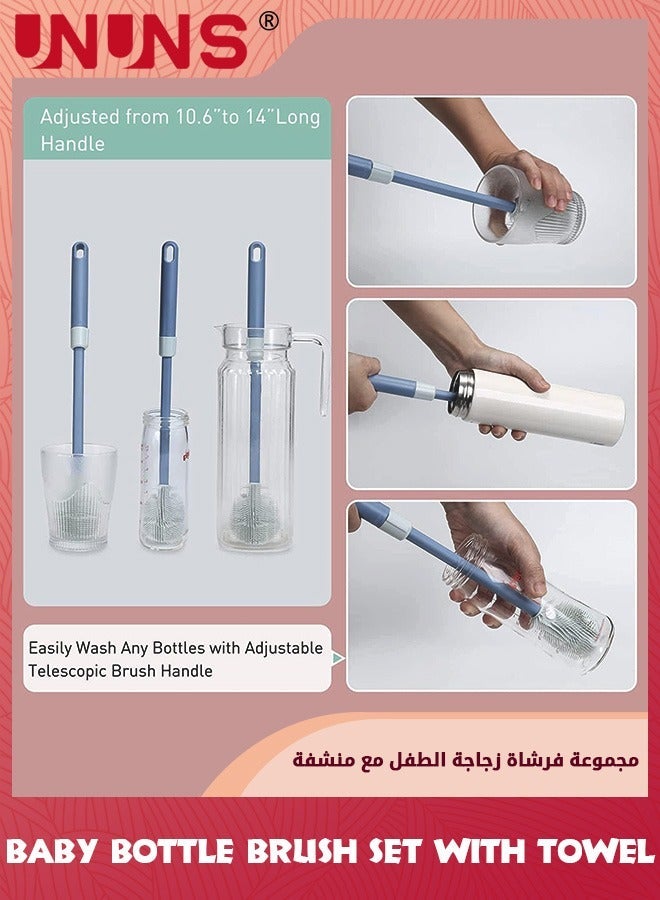 UNUNS Baby Bottle Brush,Bottle-Feeding Cleaning Set- Long Handle Telescopic Brush,Silicone Cleaner Brush,Nipple Straw Cleaner,Towel And Stand,Travel Essentials,Gift For New Moms - Image 3