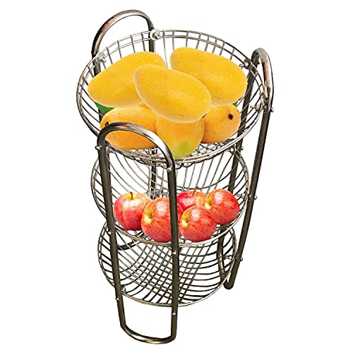 Master 3-Tier Round Shape Rack Fruits & Vegetable Onion Trolley Container Organizer Holder Stand for Kitchen with Wheel Stainless Steel Basket (Silver) - Image 5