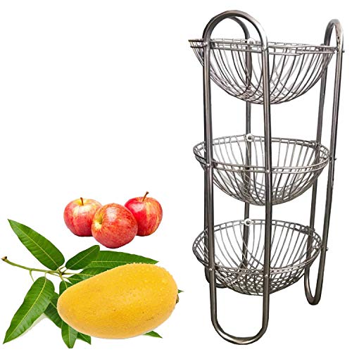 Master 3-Tier Round Shape Rack Fruits & Vegetable Onion Trolley Container Organizer Holder Stand for Kitchen with Wheel Stainless Steel Basket (Silver) - Image 2