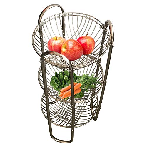 Master 3-Tier Round Shape Rack Fruits & Vegetable Onion Trolley Container Organizer Holder Stand for Kitchen with Wheel Stainless Steel Basket (Silver) - Image 4