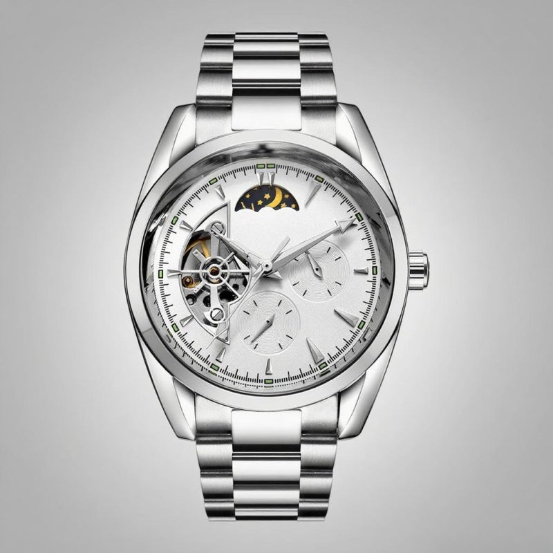 Tevise Mechanical Watch: Semi-Automatic, Luminous Function, Golden/Silver Hour Markers - Visible Machinery, Decorative Flywheel, Moon Phase, Analog Display Men Wristwatch for Casual Wear, Business Attire - Image 1