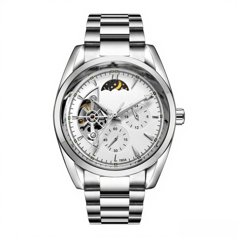 Tevise Mechanical Watch: Semi-Automatic, Luminous Function, Golden/Silver Hour Markers - Visible Machinery, Decorative Flywheel, Moon Phase, Analog Display Men Wristwatch for Casual Wear, Business Attire - Image 2