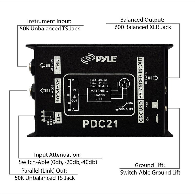 Pyle Premium Direct Injection Audio Box - 2.36" x 4.09" Passive DI Unit Hum Eliminator w/ Input Attenuator to Connect Guitar & Bass, 1/4'' Impedance Transformer Connector to Balanced & Unbalanced XLR - Image 4
