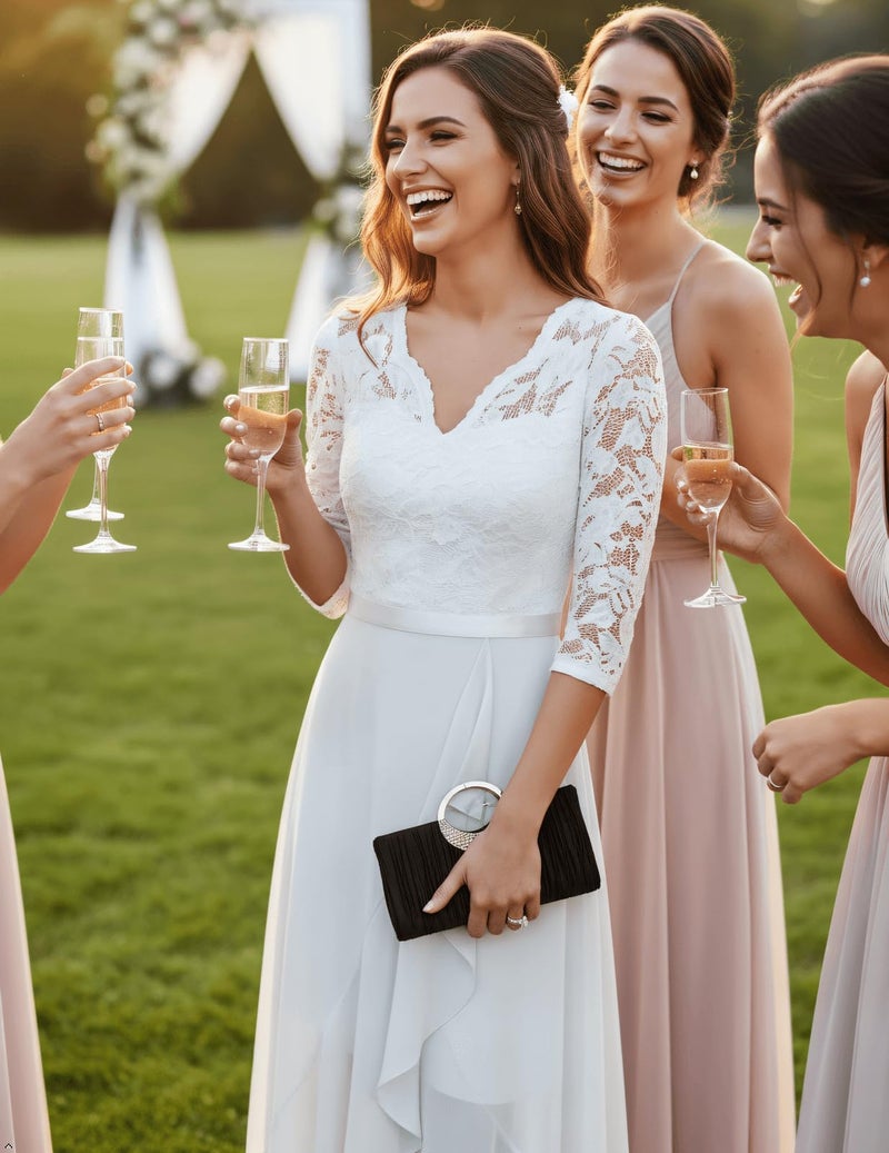 Bbonlinedress Women Winter Spring White Wedding Dresses Lace Long Sleeve Maxi Bridal Shower Formal Cocktail Prom Dress White M - Image 5