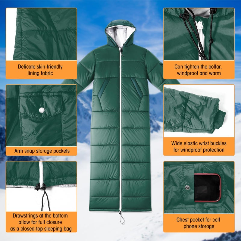 Macarrie Cold Weather Wearable Sleeping Bag for Adults with Sleeves and Hood 74 Inch Long 0 Degree Winter Weather Insulated Extreme Cold Sleeping Bag Coat for Camping Hiking Stadium(Green) - Image 5