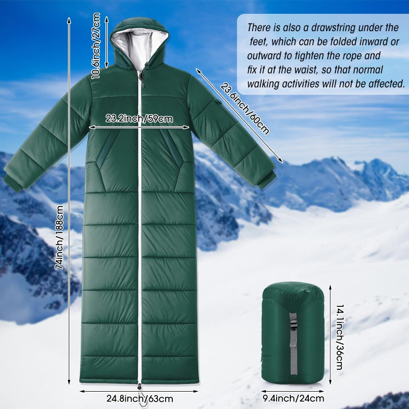 Macarrie Cold Weather Wearable Sleeping Bag for Adults with Sleeves and Hood 74 Inch Long 0 Degree Winter Weather Insulated Extreme Cold Sleeping Bag Coat for Camping Hiking Stadium(Green) - Image 2