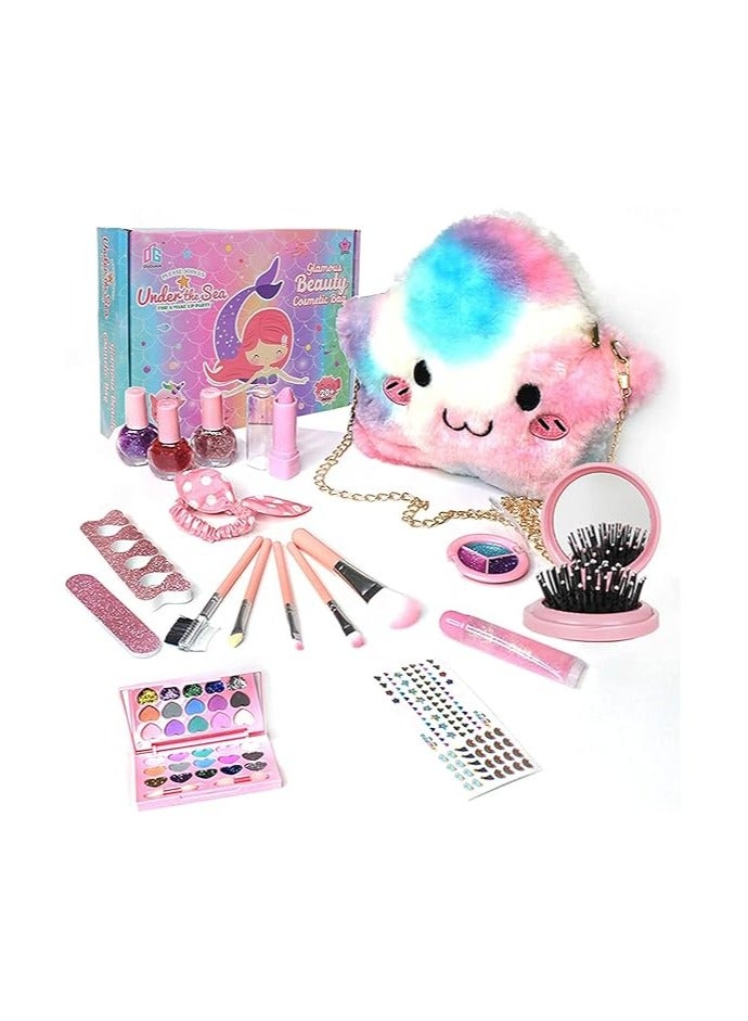 ALMEKAQUZ Kids Girls Makeup Kit,Washable Makeup Toys For Girls,Makeup Toys Tote Bag for Toddlers,Princess Dress Up Game With Mermaid Pattern,For Girls 6-12 Years Old,Makeup Birthday Gift Toy (white)  - Image 1