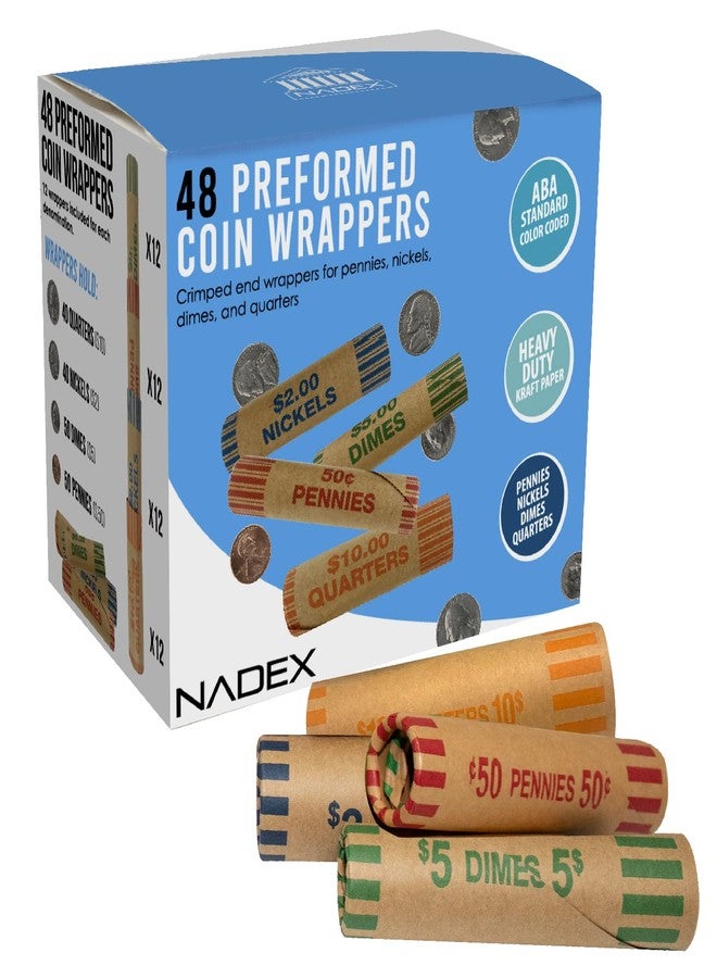 Nadex 48 Assorted Preformed Crimped End Coin Roll Wrappers, 12 Each of Nickels/Dimes/Pennies/Quarters - Image 1