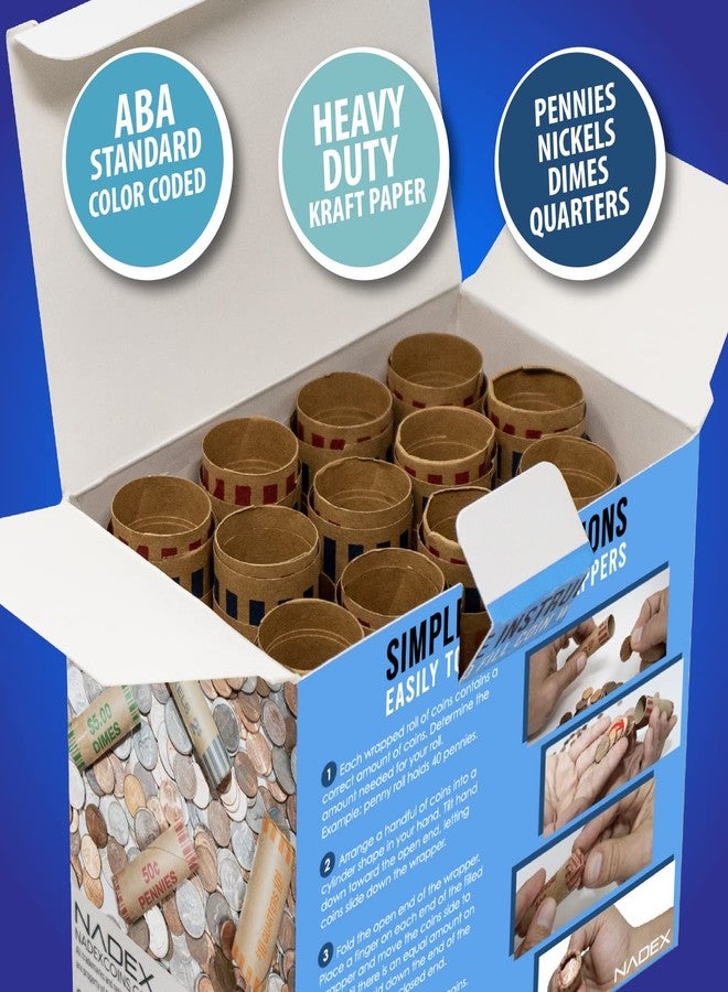 Nadex 48 Assorted Preformed Crimped End Coin Roll Wrappers, 12 Each of Nickels/Dimes/Pennies/Quarters - Image 3