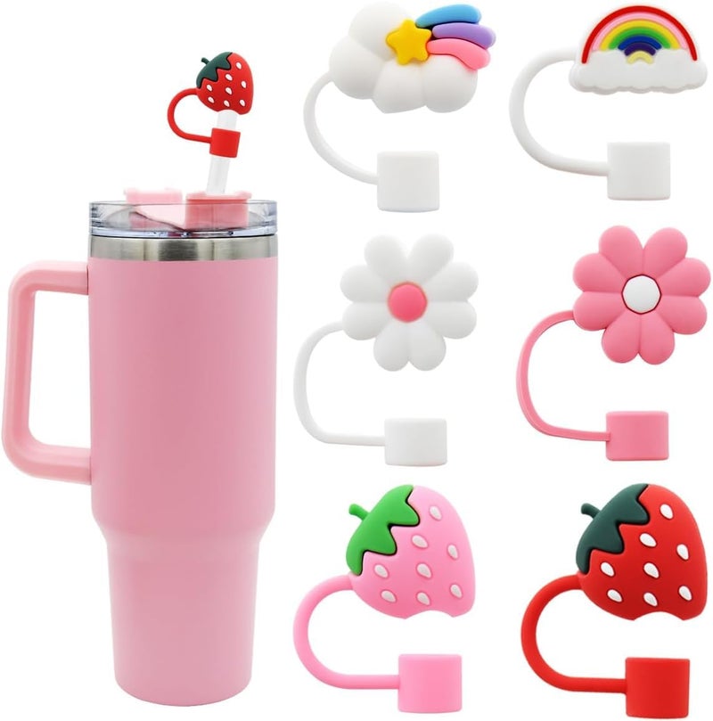 Straw Cover Cap for Stanley Cup,Silicone Straw Topper,10mm 0.4in Dust-Proof Reusable Straw Tips Lids,Straw Tip Covers for Stanley Cups Accessories (6pcs Rainbow Flower Strawberry) - Image 1