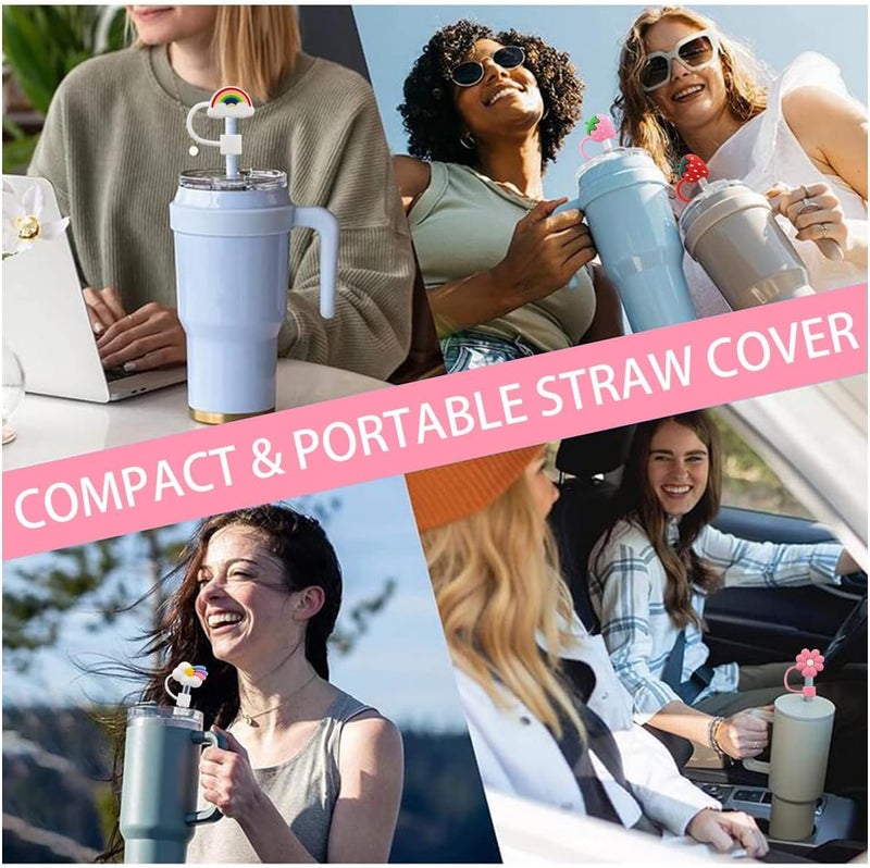 Straw Cover Cap for Stanley Cup,Silicone Straw Topper,10mm 0.4in Dust-Proof Reusable Straw Tips Lids,Straw Tip Covers for Stanley Cups Accessories (6pcs Rainbow Flower Strawberry) - Image 5