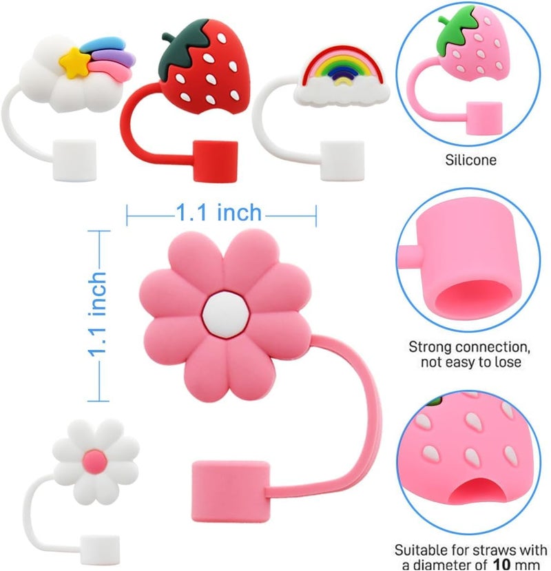 Straw Cover Cap for Stanley Cup,Silicone Straw Topper,10mm 0.4in Dust-Proof Reusable Straw Tips Lids,Straw Tip Covers for Stanley Cups Accessories (6pcs Rainbow Flower Strawberry) - Image 2