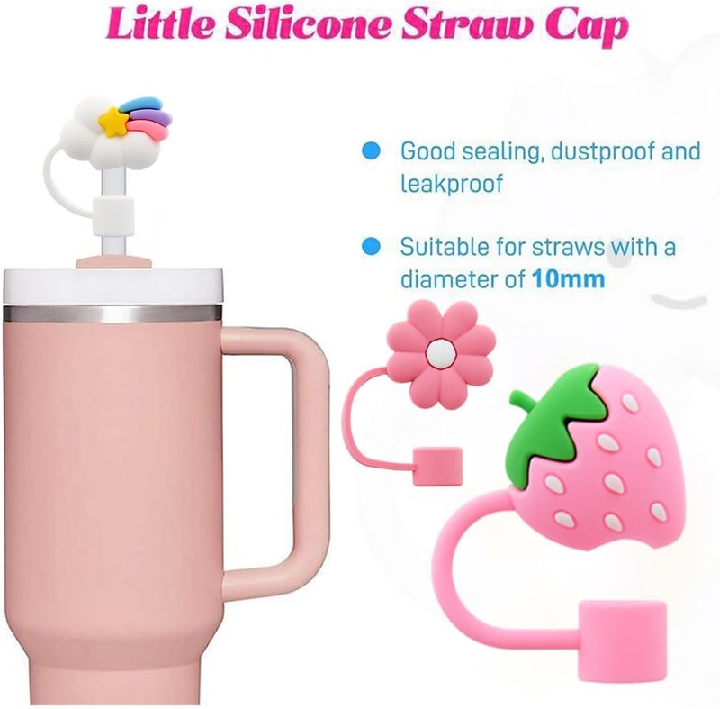 Straw Cover Cap for Stanley Cup,Silicone Straw Topper,10mm 0.4in Dust-Proof Reusable Straw Tips Lids,Straw Tip Covers for Stanley Cups Accessories (6pcs Rainbow Flower Strawberry) - Image 3