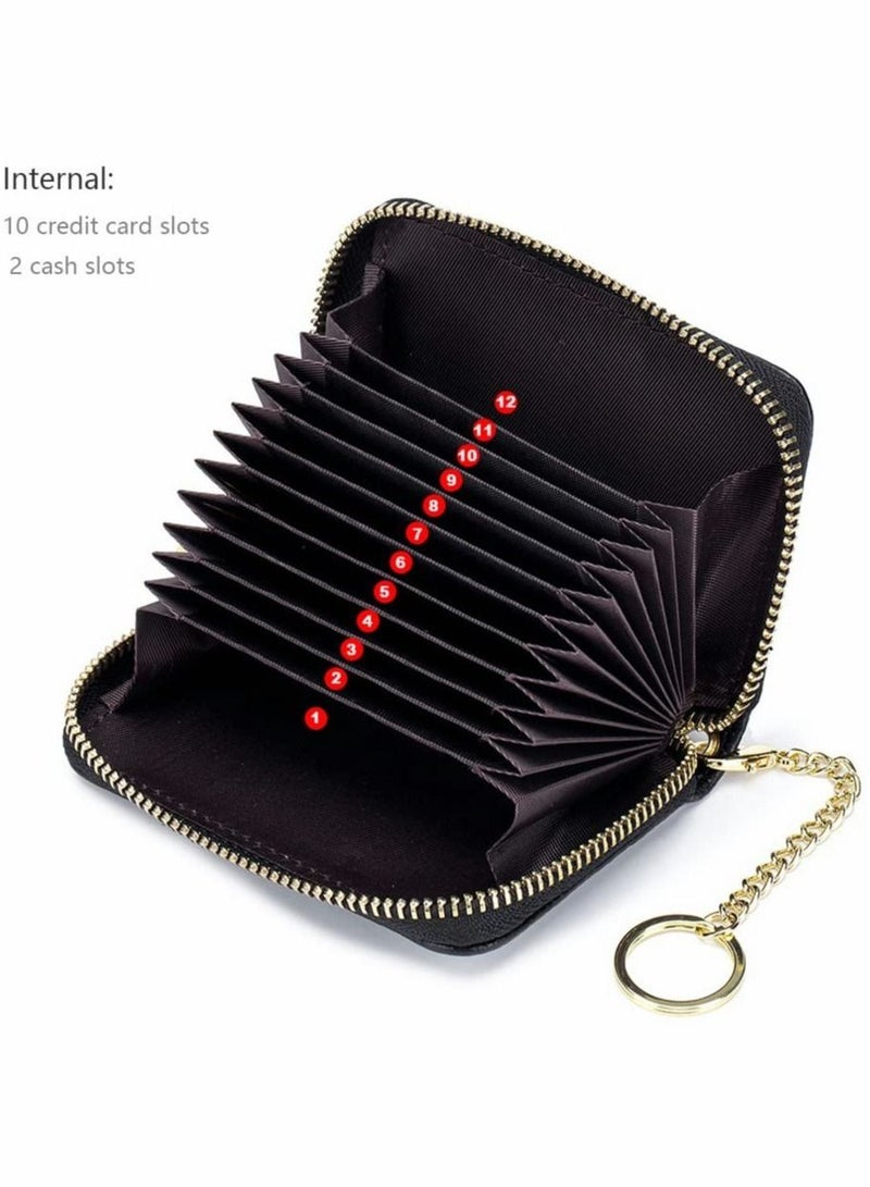 Genuine Leather Credit Card Holder RFID Blocking Accordion Case for Women and Men, Zipper Compact Wallets with ID Window Keychain (Black) - Image 1