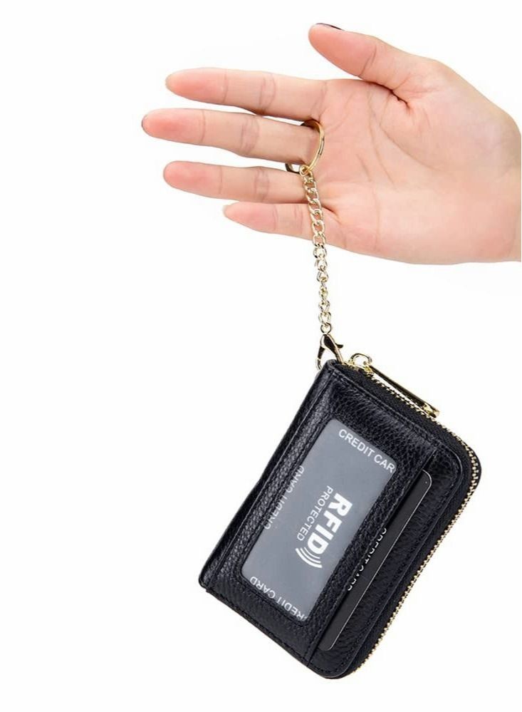 Genuine Leather Credit Card Holder RFID Blocking Accordion Case for Women and Men, Zipper Compact Wallets with ID Window Keychain (Black) - Image 5