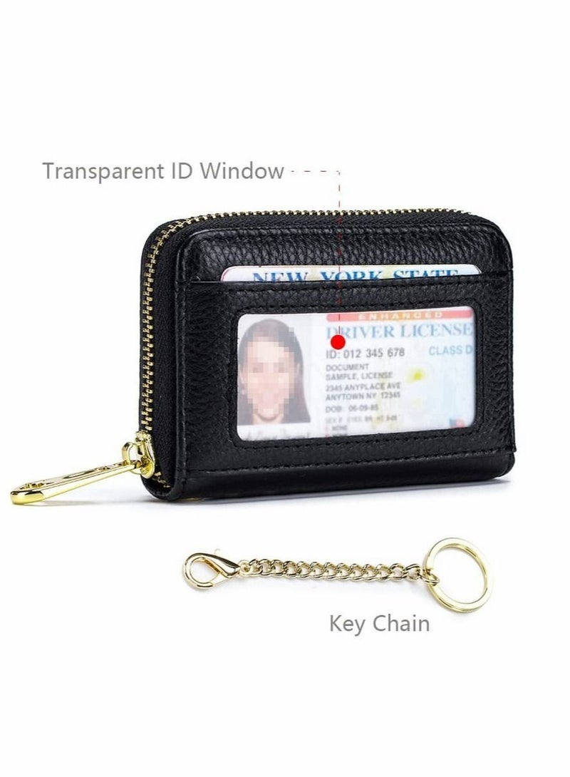Genuine Leather Credit Card Holder RFID Blocking Accordion Case for Women and Men, Zipper Compact Wallets with ID Window Keychain (Black) - Image 3