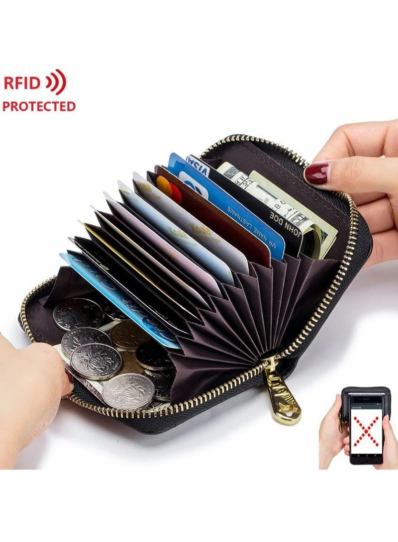 Genuine Leather Credit Card Holder RFID Blocking Accordion Case for Women and Men, Zipper Compact Wallets with ID Window Keychain (Black) - Image 2
