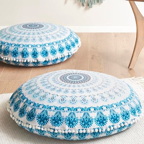Codi Meditation Floor Pillow Set of 2, Round Large Pillows Seating for Adults, Bohemian Mandala Circle Cushion for Outdoor Fireplace Yoga Living Room, 32 Inch, Memory Foam Added, Aqua - Image 1