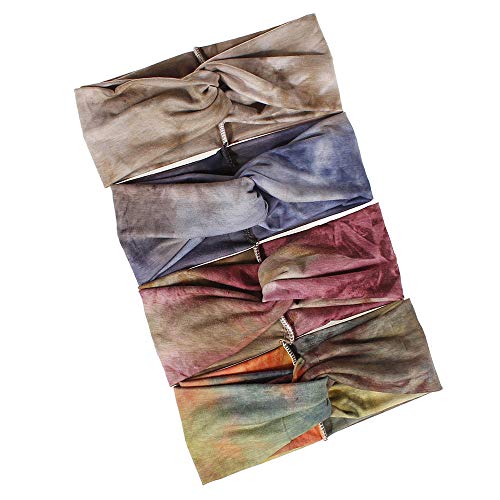DINPREY Criss Cross Hair band Tie Dye 4 Pcs Boho Headbands Paisley Bandana Wide Head Wraps Cotton Knotted Yoga Sport Sweatband Twist Head Bands (4 Colors Pack A) - Image 4