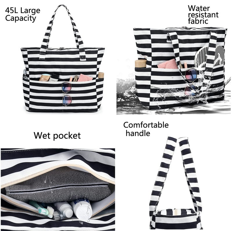 LEDAOU Beach Bag Waterproof Sandproof Women Tote Bag Pool Bag with Zipper for Gym Grocery Travel with Wet Pocket - Image 3